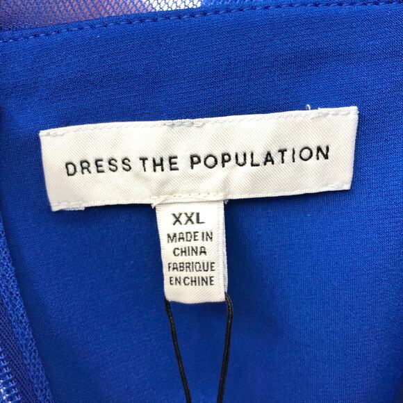 DRESS THE POPULATION Ilaria Dress XXL Blue Long Sleeve Midi Mesh Cut-Outs NWT - Picture 11 of 13